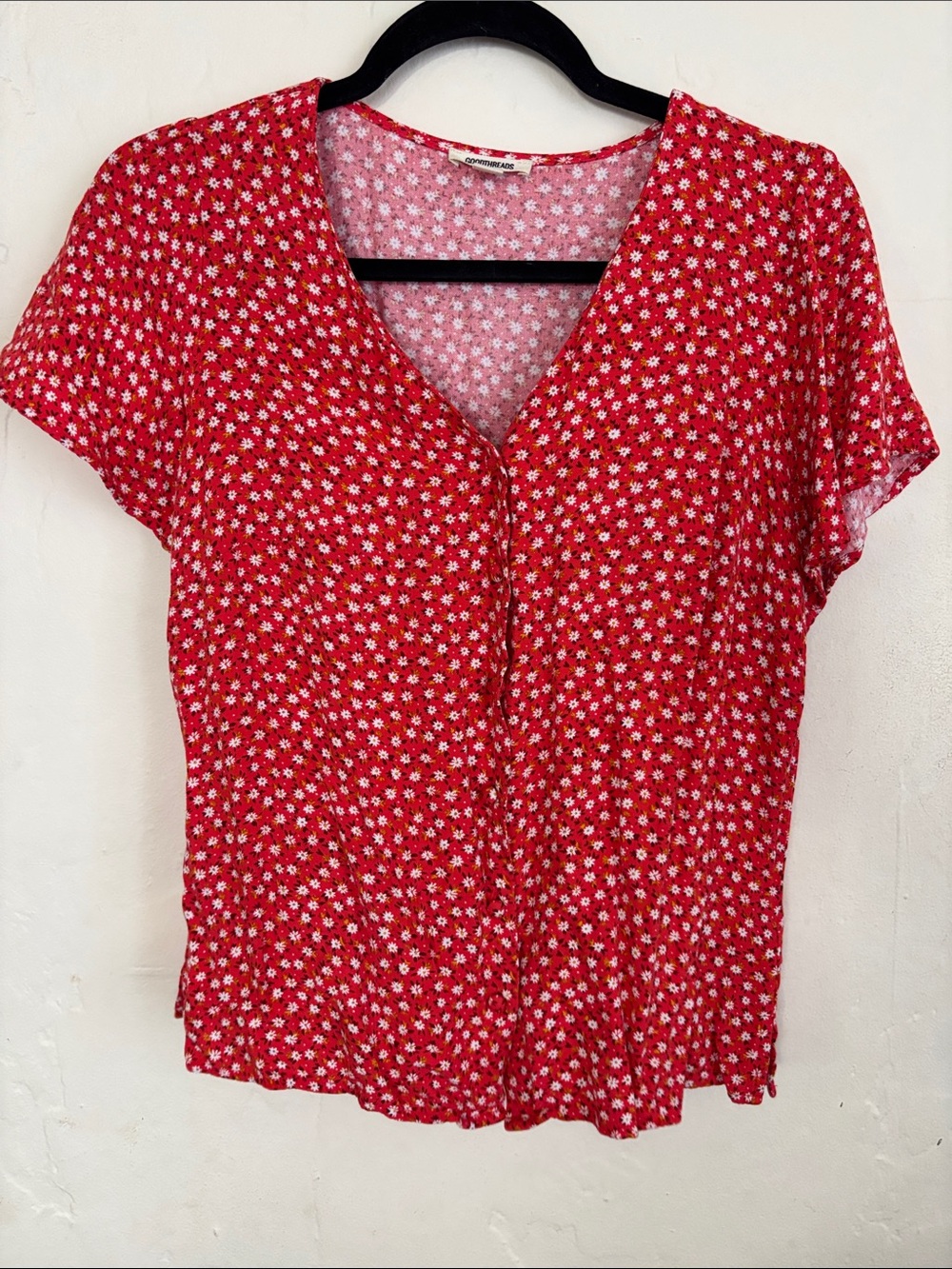 Red Floral V-Neck Short Sleeve Top - Unbranded